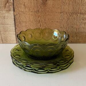 VTG Bartlett Collins Glass Green St Genevieve Dessert Berry Bowl/2 Small Plates